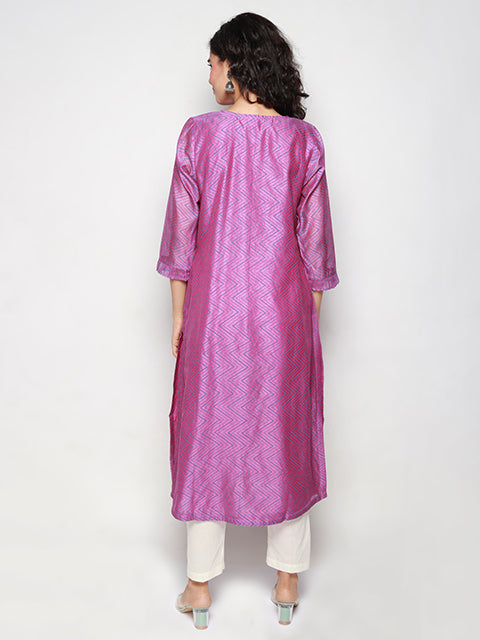 Purple Block Print Pleated Kurta with Pants