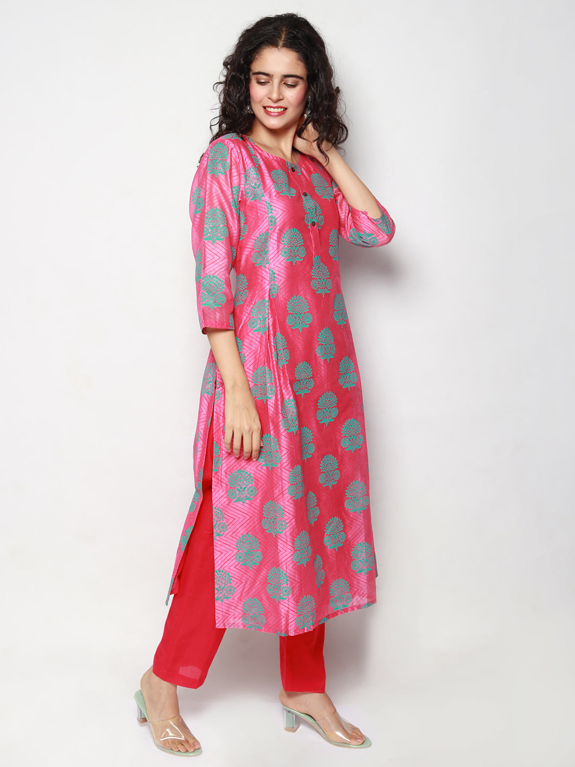 Pink Block Print Pleated Kurta with Pants