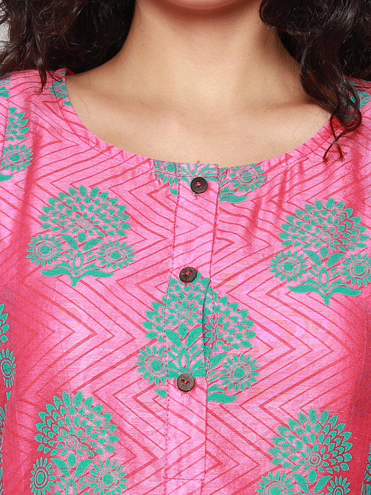 Pink Block Print Pleated Kurta with Pants