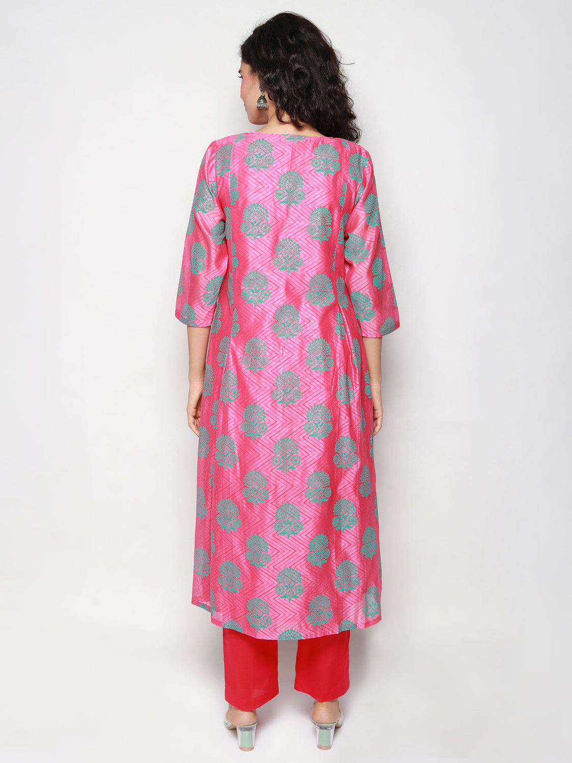 Pink Block Print Pleated Kurta with Pants
