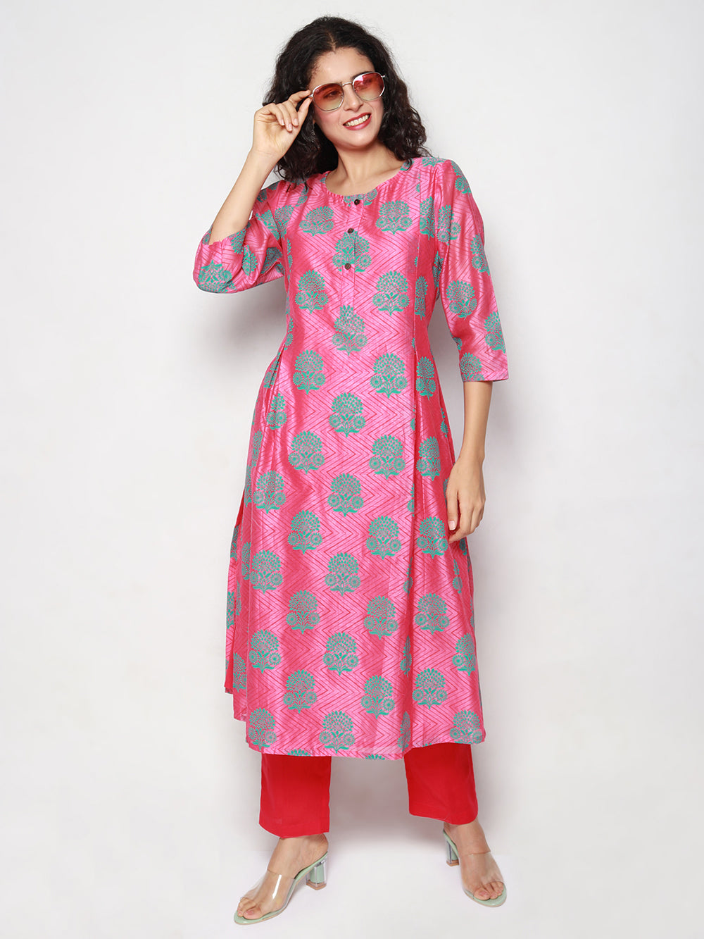Pink Block Print Pleated Kurta with Pants