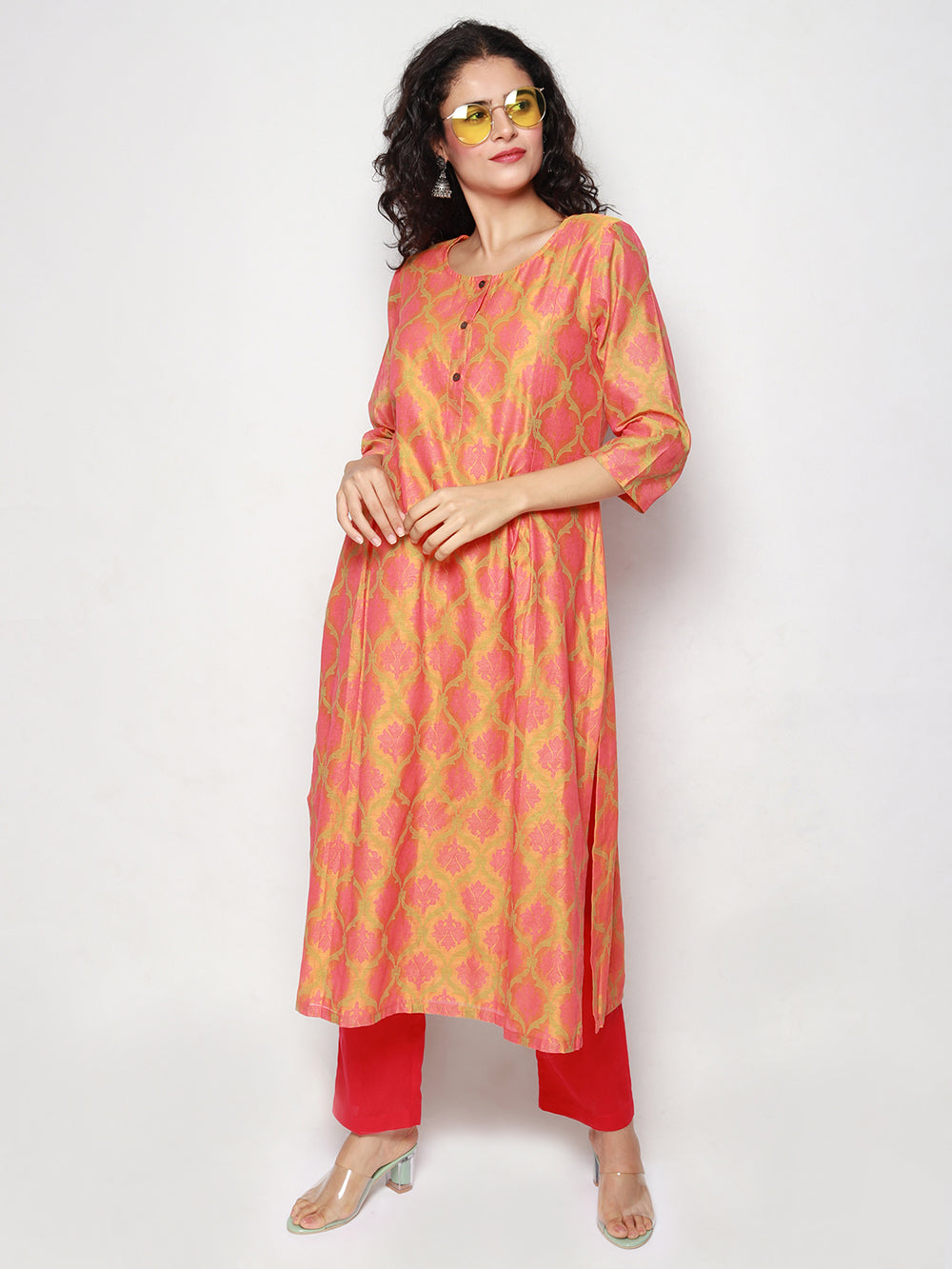 Orange Block Print Pleated Kurta with Pants