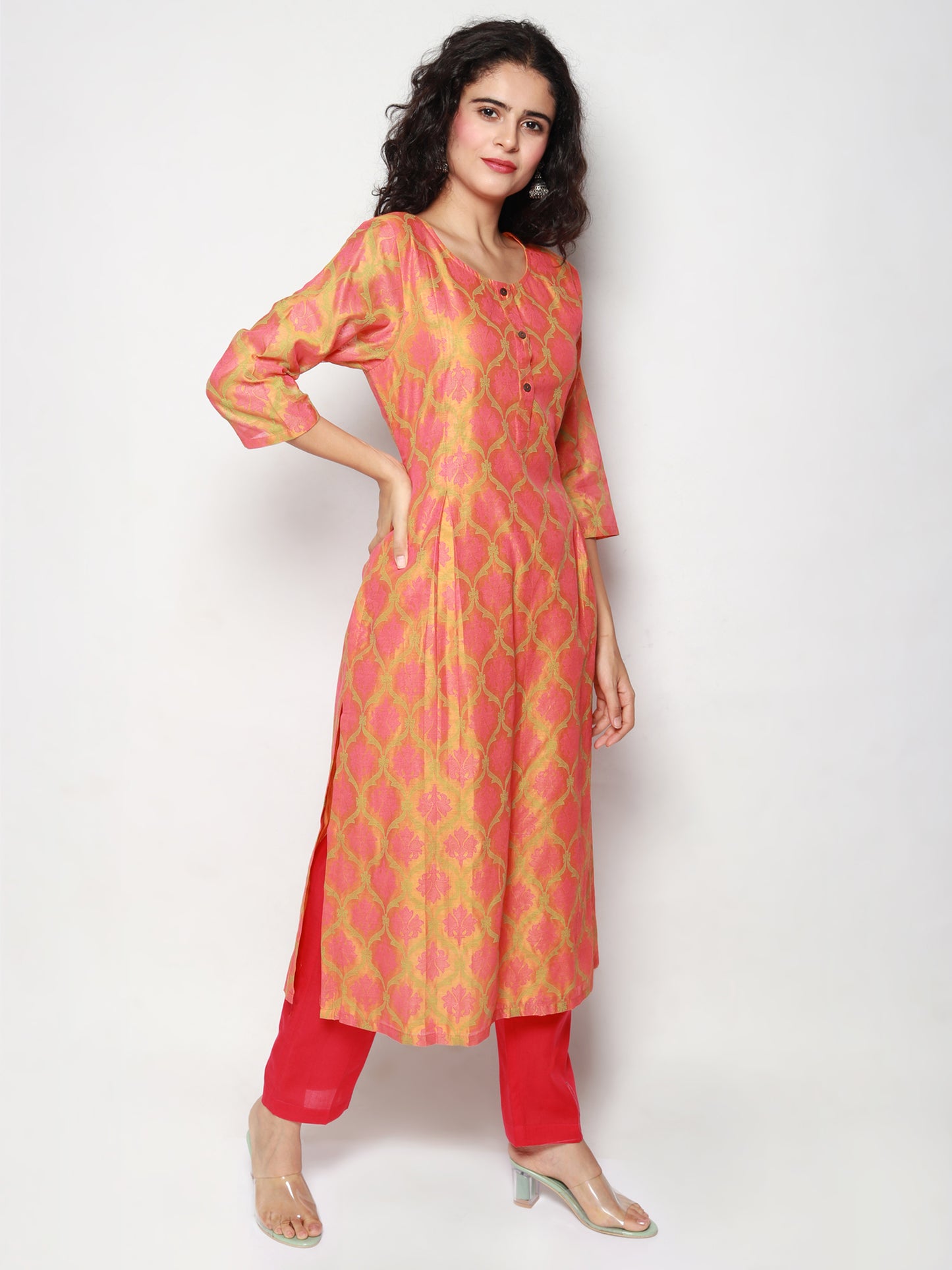 Orange Block Print Pleated Kurta with Pants