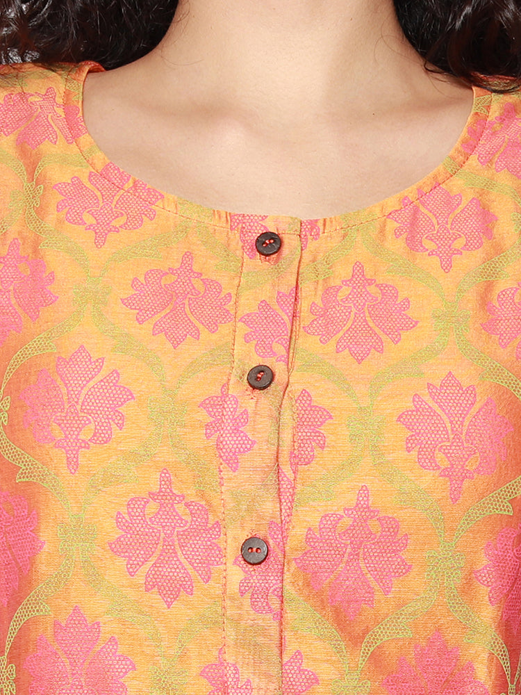 Orange Block Print Pleated Kurta with Pants