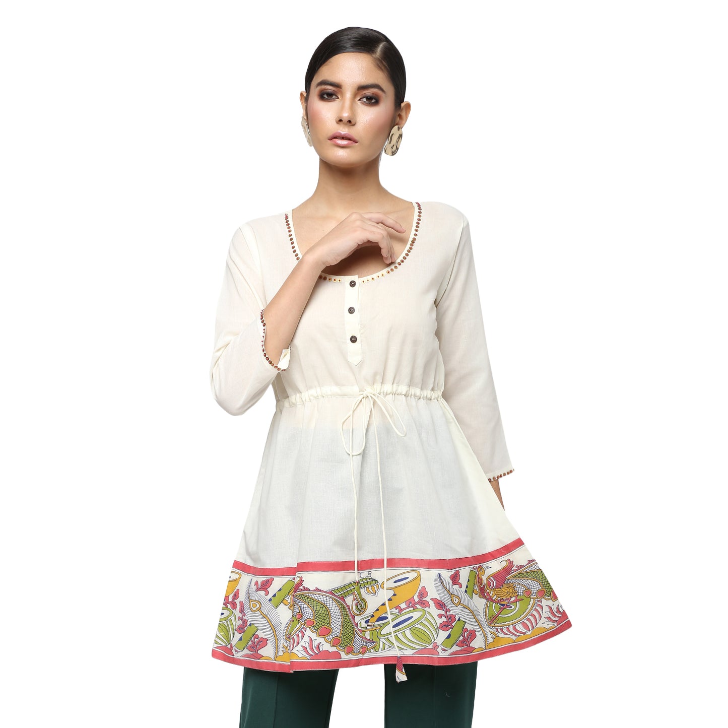 Ivory Cotton Tunic with Kalamkari Border