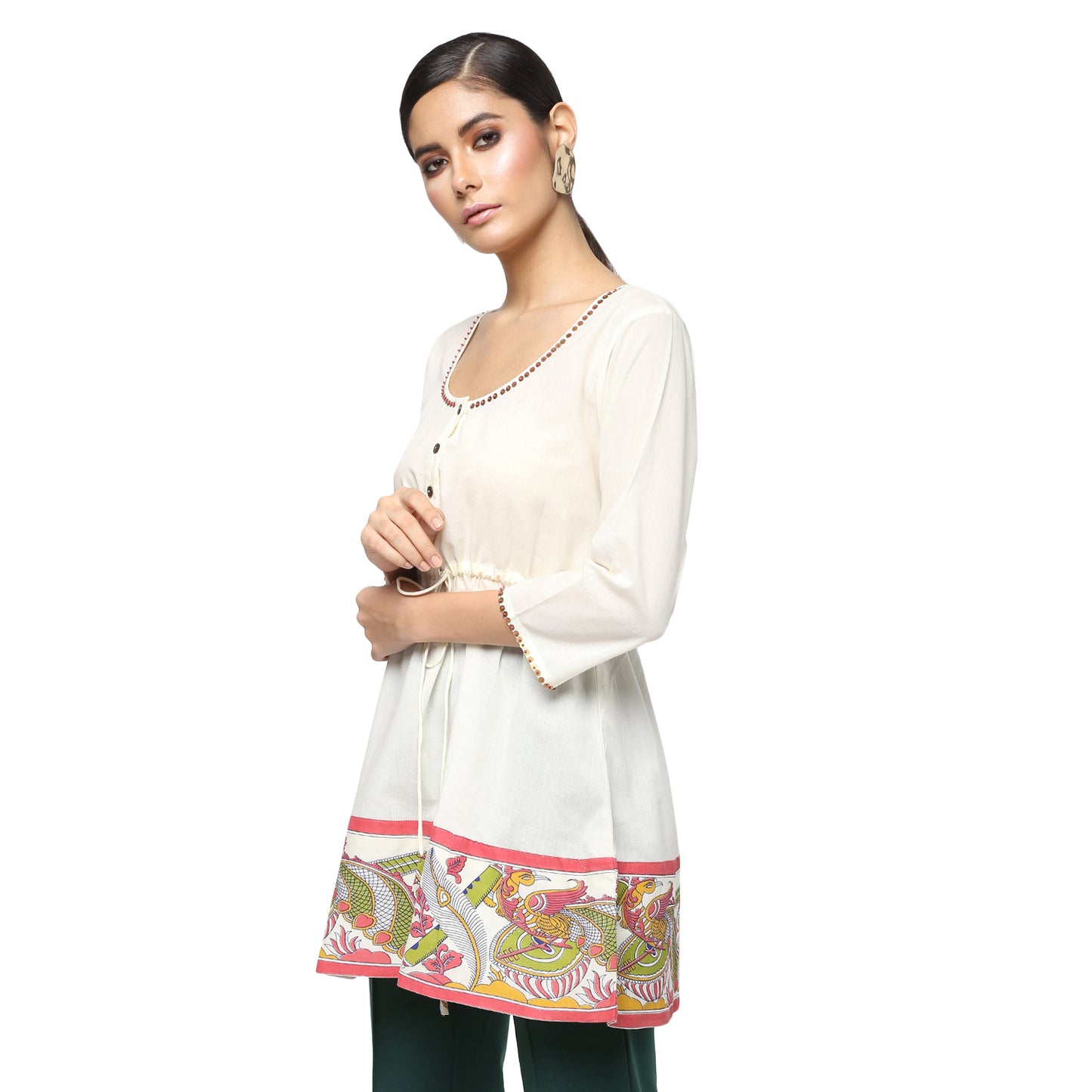 Ivory Cotton Tunic with Kalamkari Border