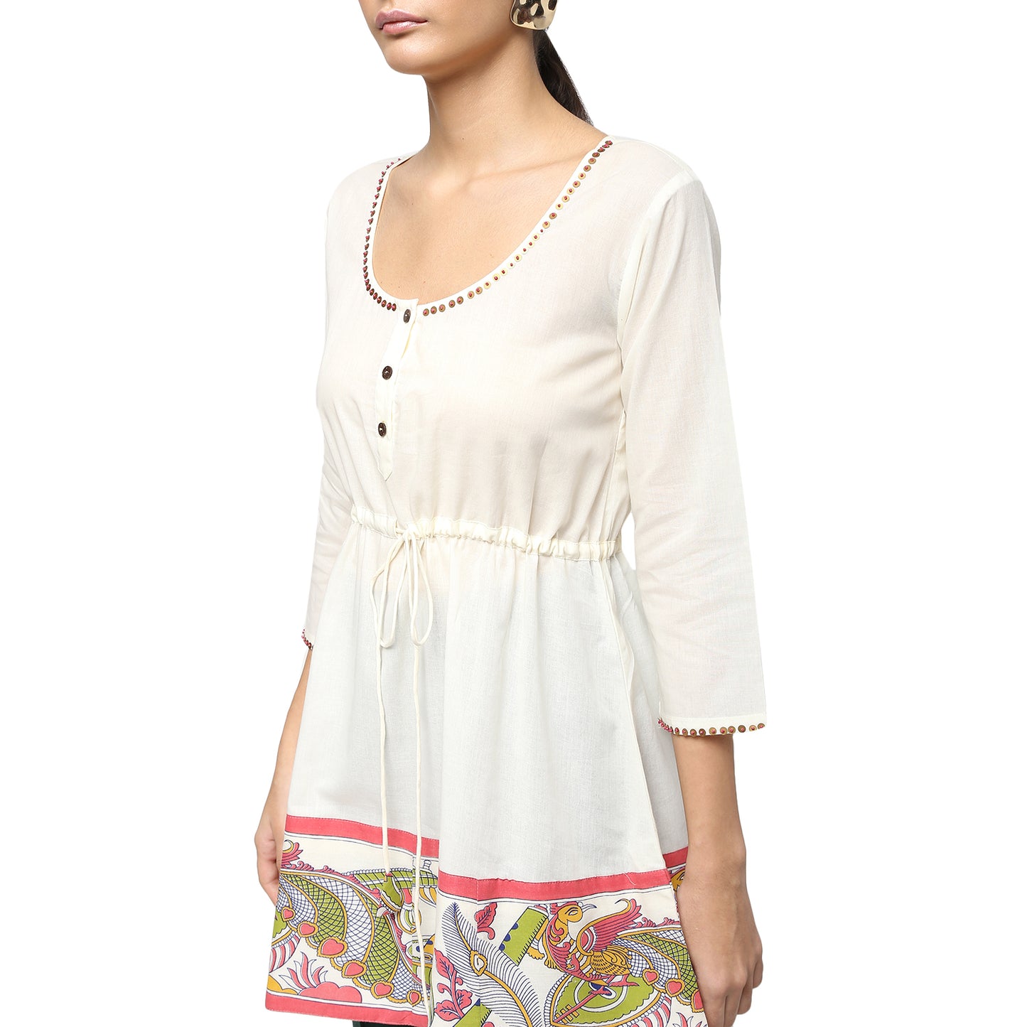 Ivory Cotton Tunic with Kalamkari Border