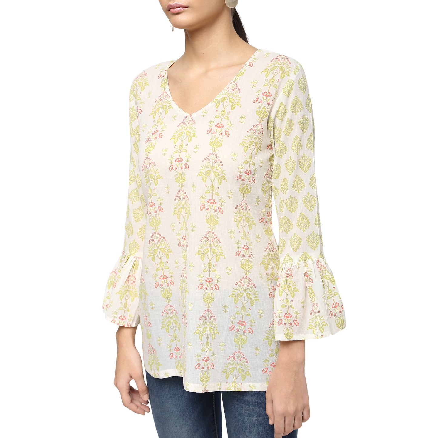 Ivory Floral Print Cotton Tunic