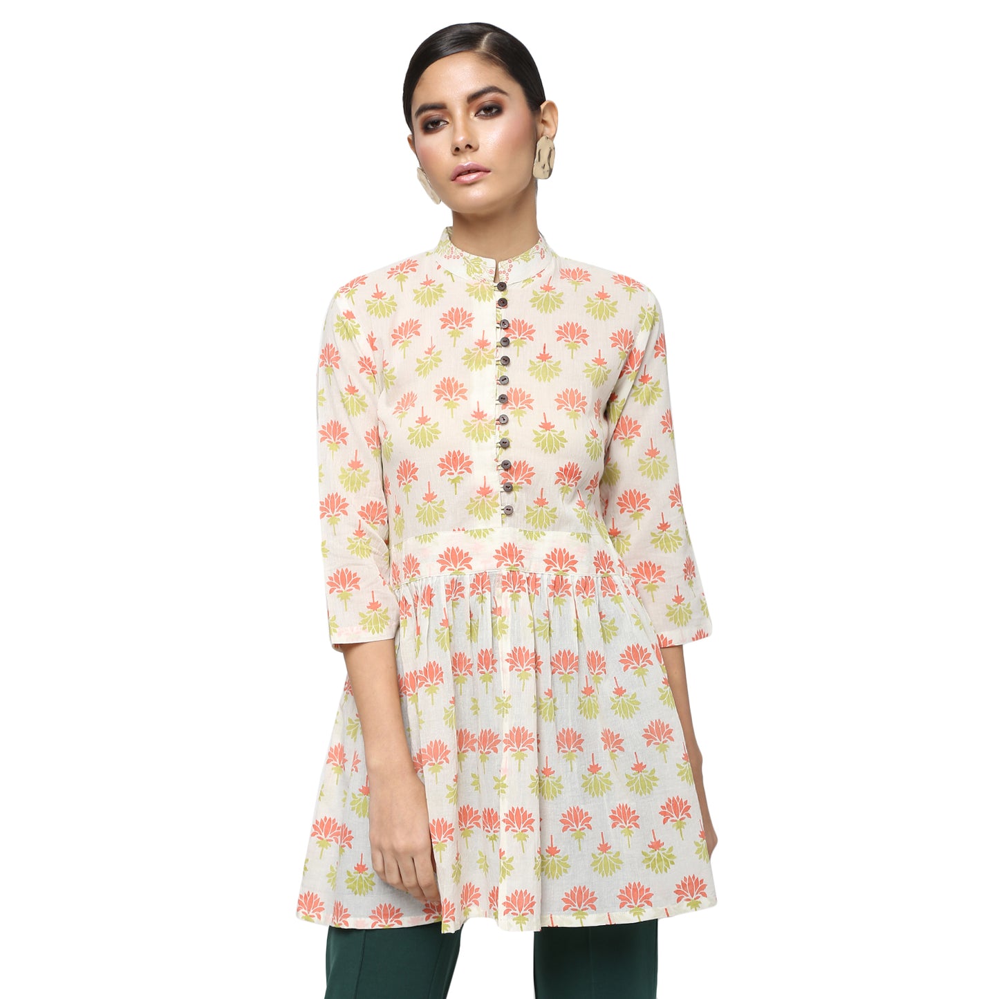 Ivory Tunic with Lotus Block Print
