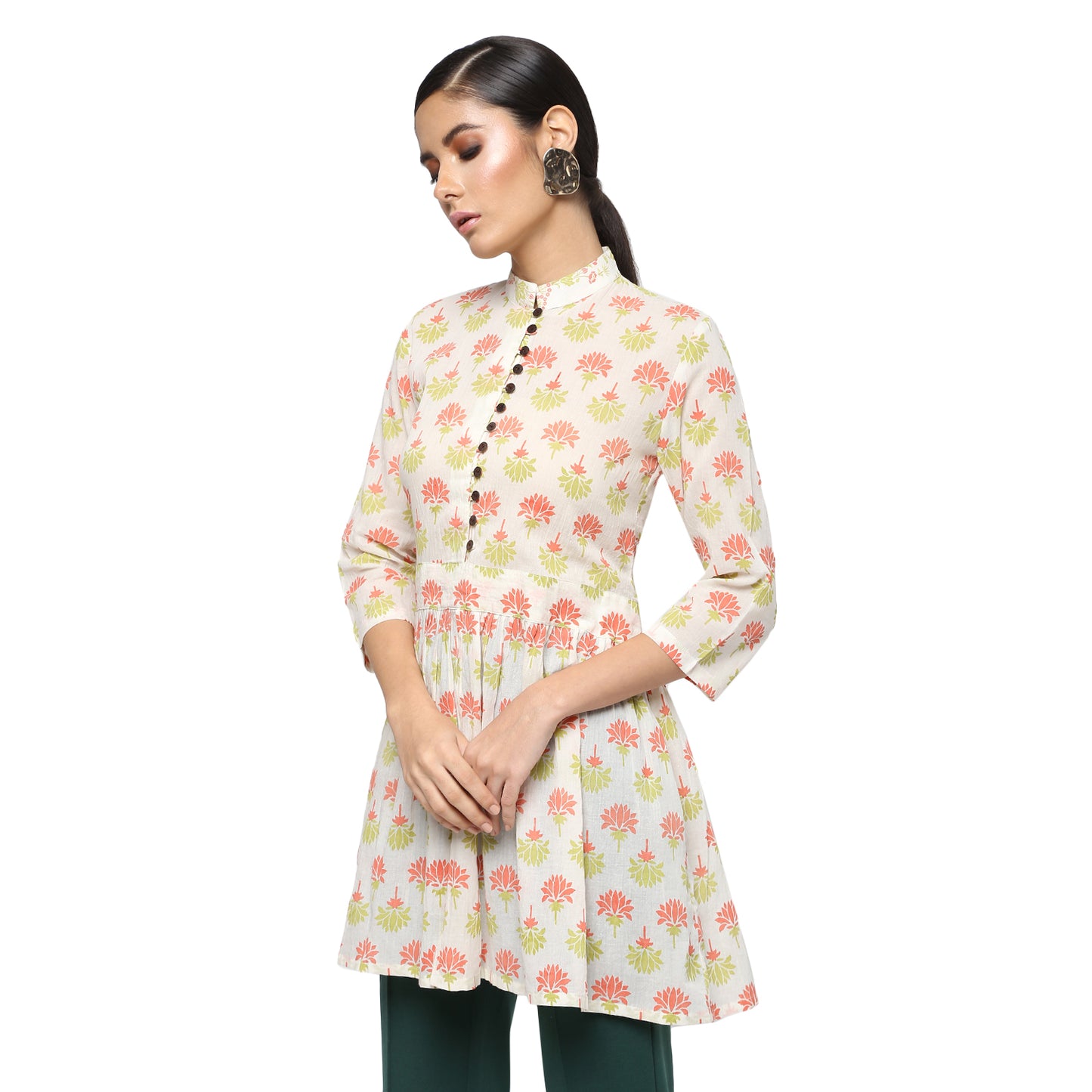 Ivory Tunic with Lotus Block Print