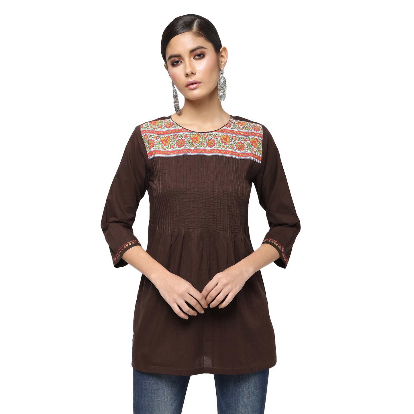 Brown Cotton Block Print Pintucks Tunic