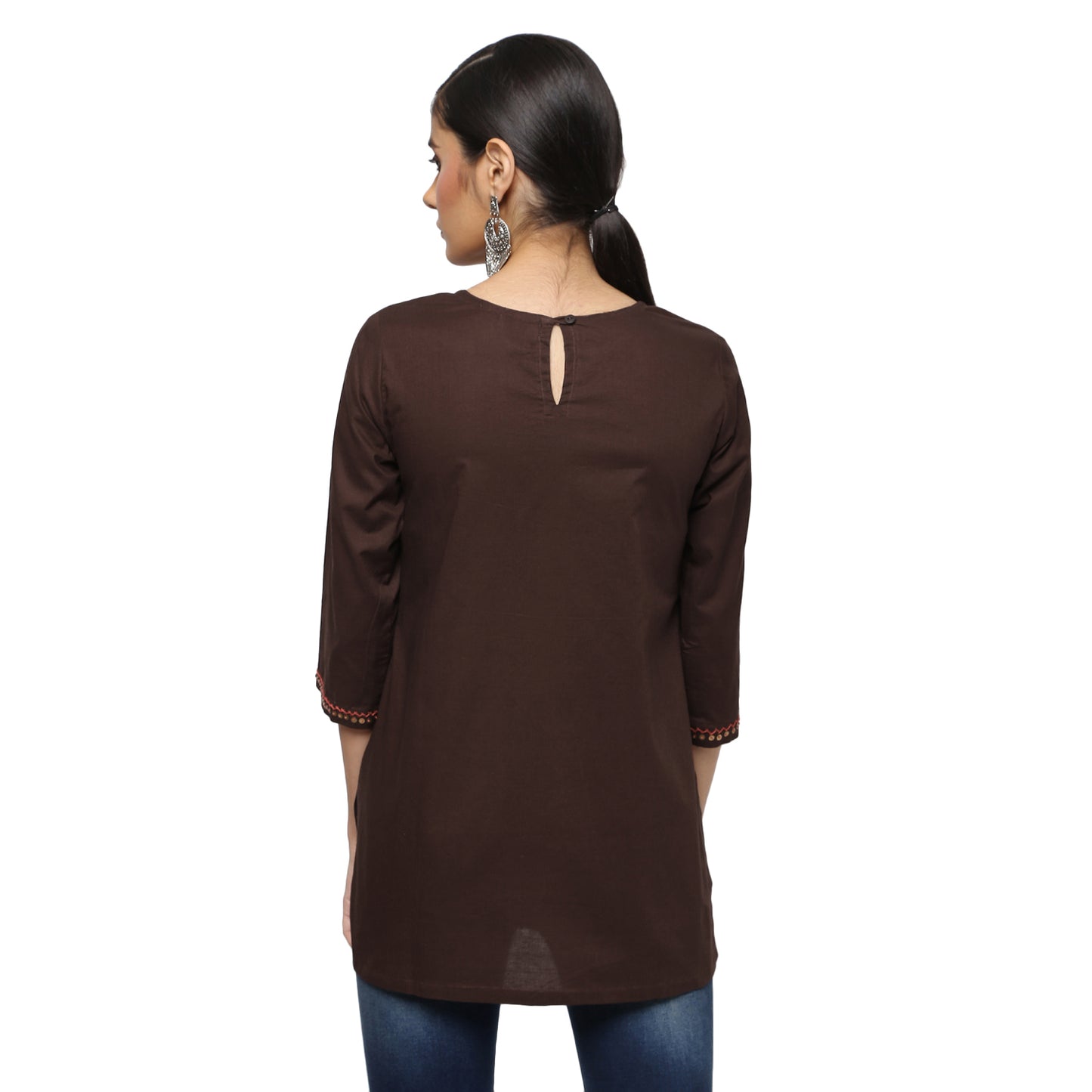 Brown Cotton Block Print Pintucks Tunic