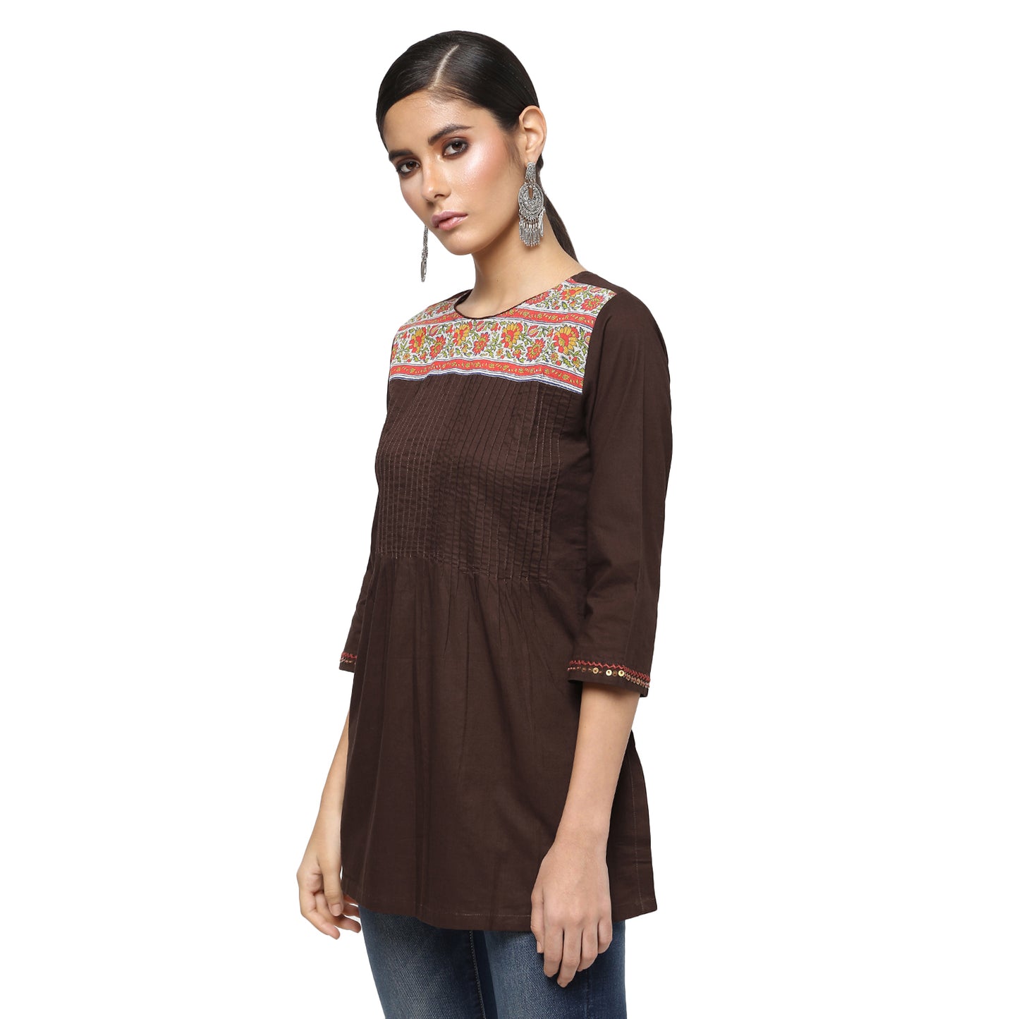 Brown Cotton Block Print Pintucks Tunic