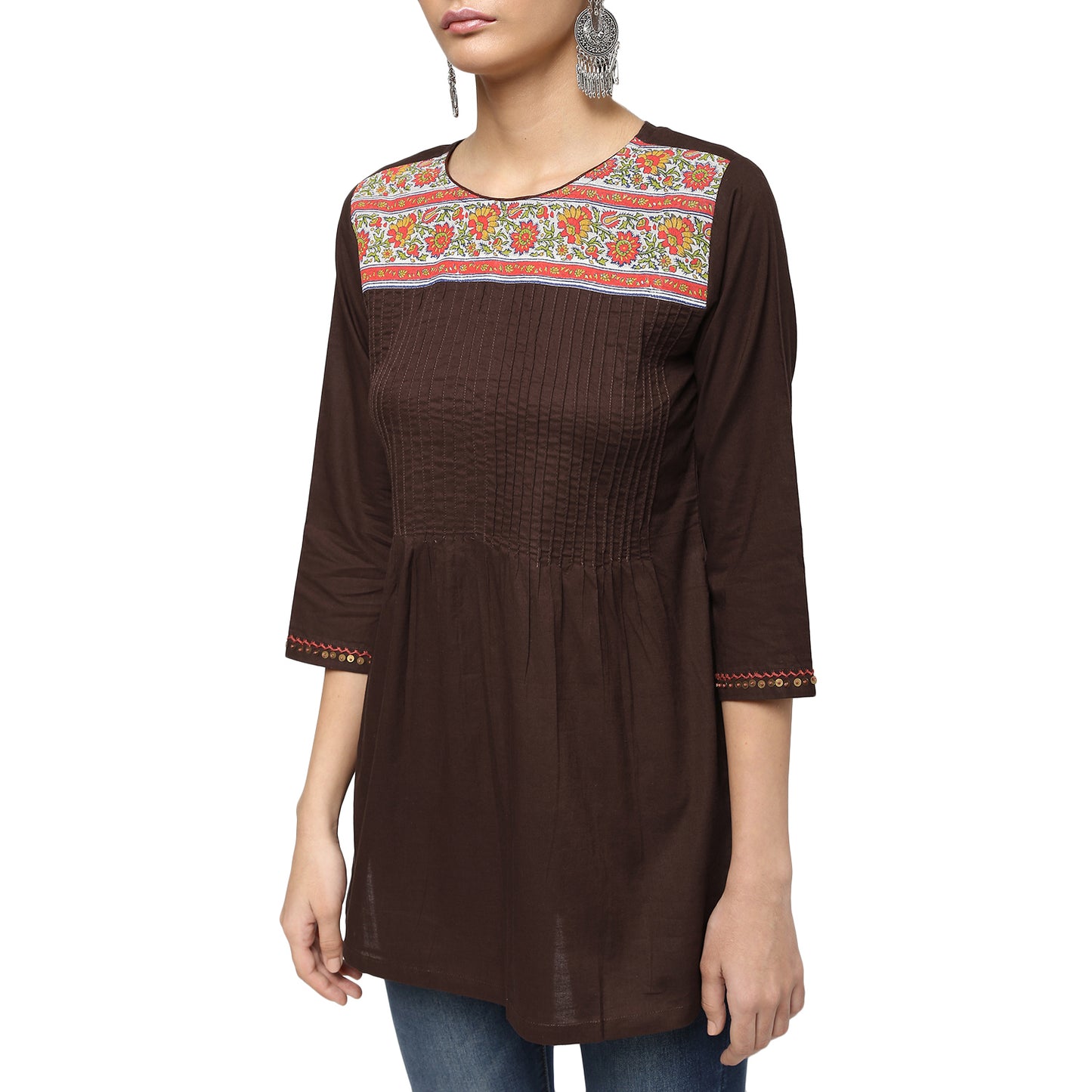 Brown Cotton Block Print Pintucks Tunic