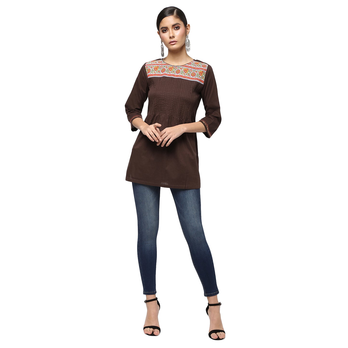 Brown Cotton Block Print Pintucks Tunic