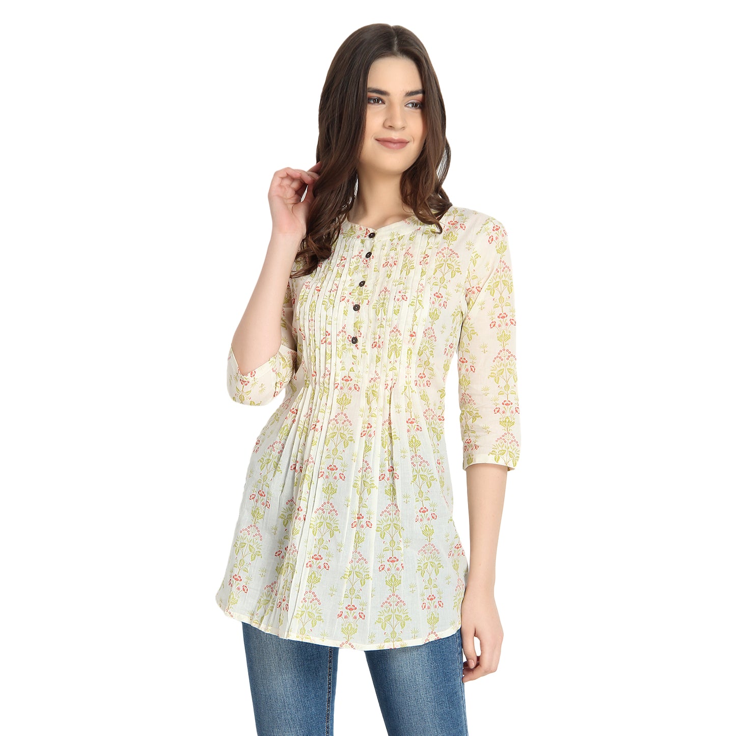 Ivory Floral Print Cotton Tunic