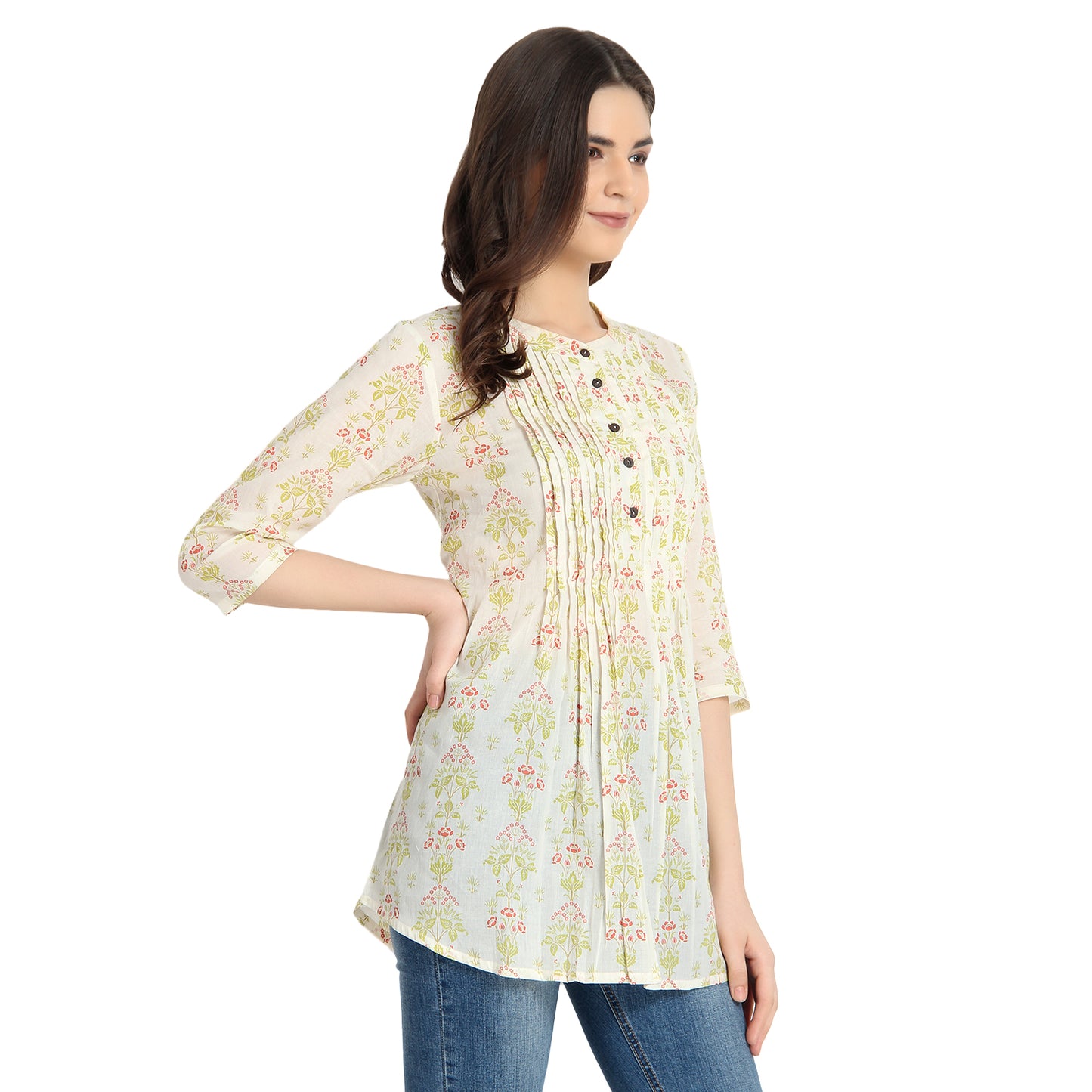 Ivory Floral Print Cotton Tunic