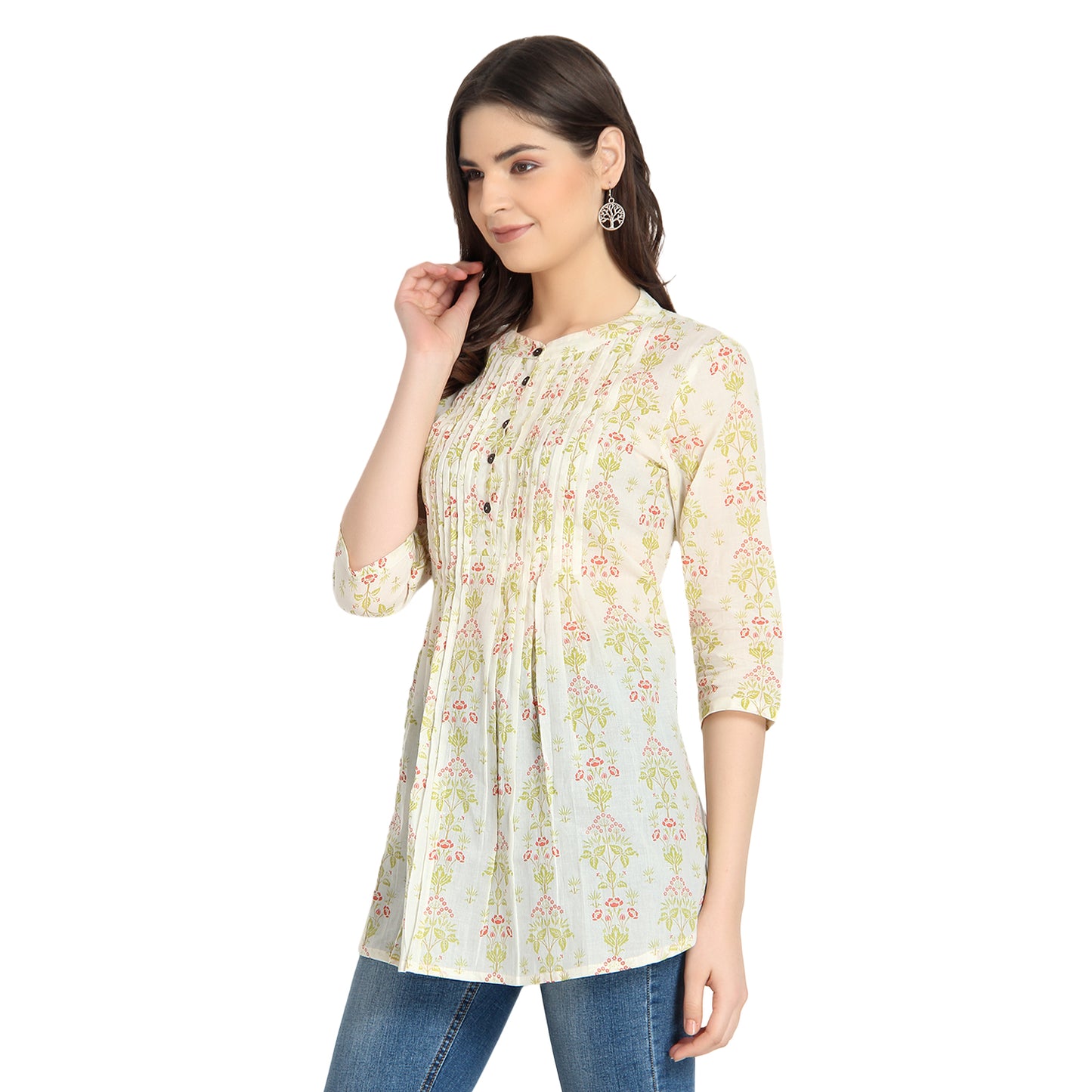 Ivory Floral Print Cotton Tunic