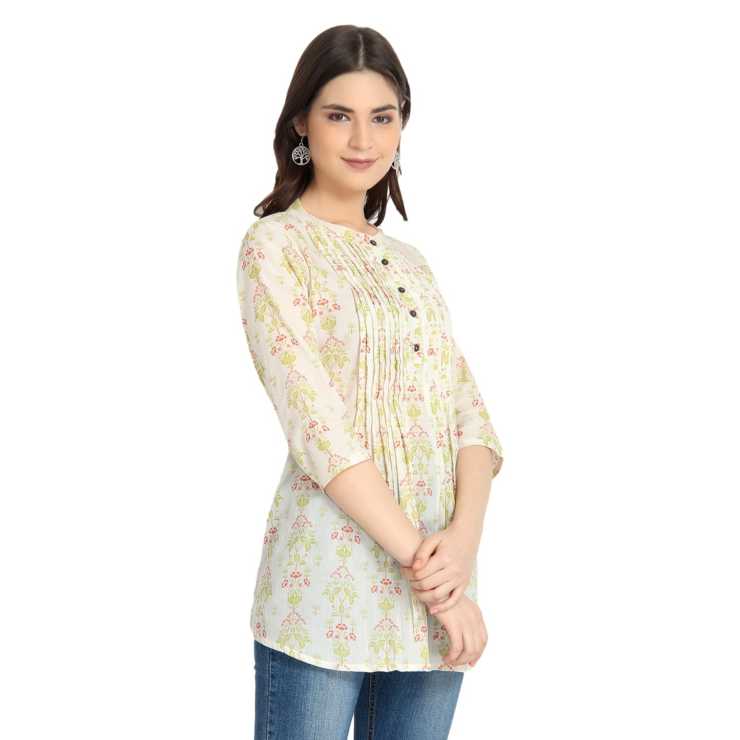 Ivory Floral Print Cotton Tunic