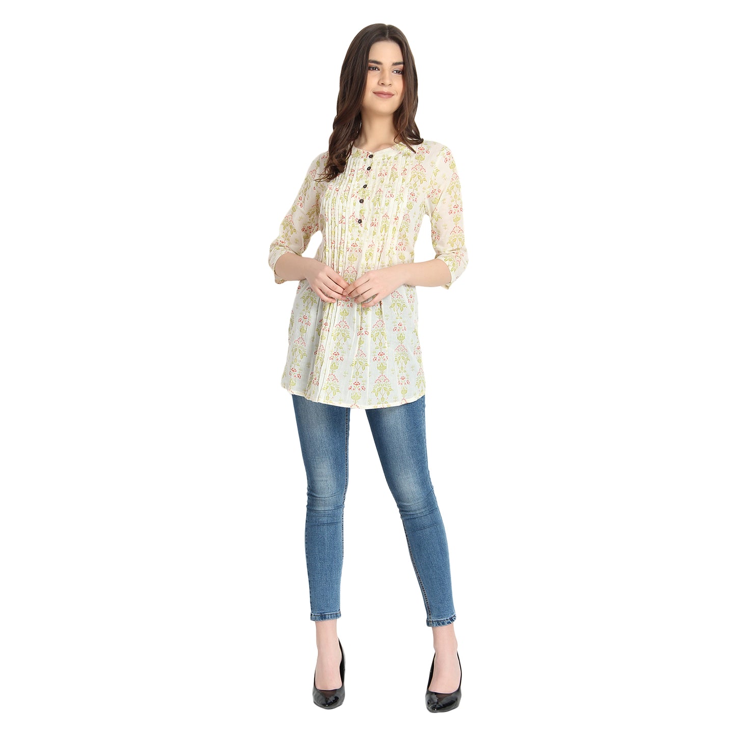 Ivory Floral Print Cotton Tunic
