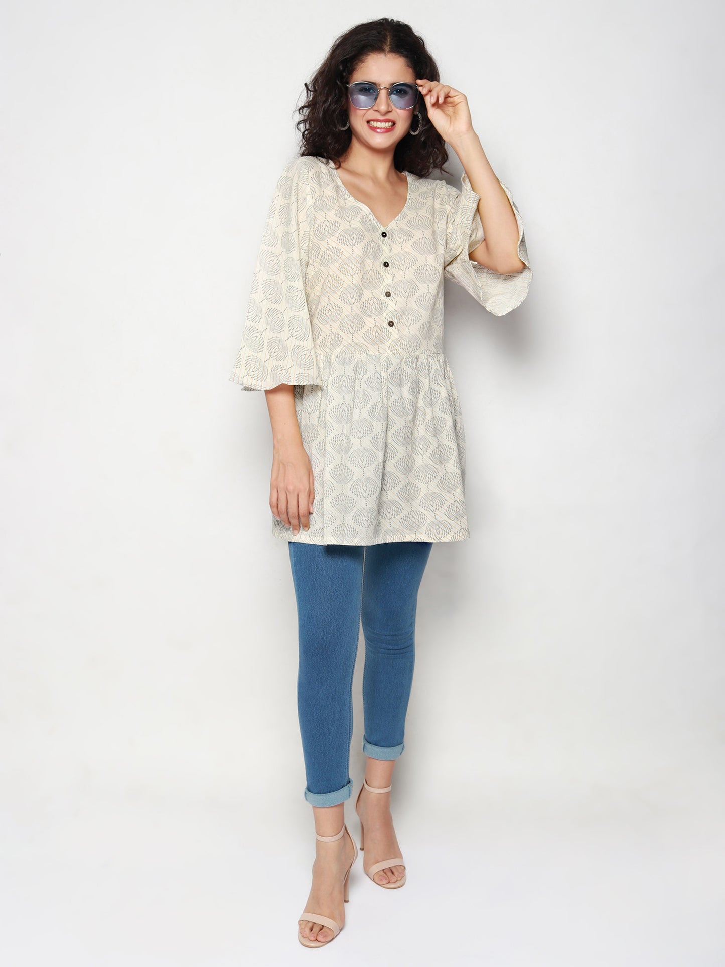 Ivory Cotton Tunic with Beige & Grey Print