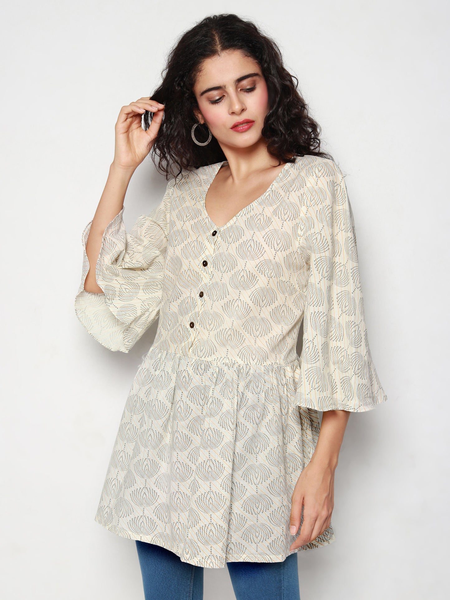 Ivory Cotton Tunic with Beige & Grey Print
