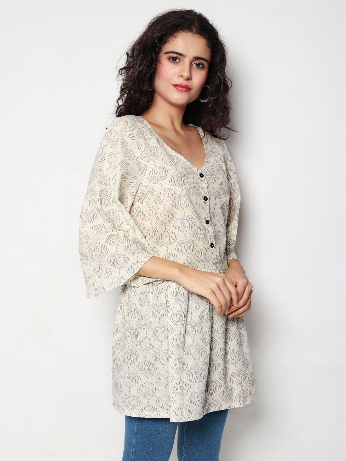 Ivory Cotton Tunic with Beige & Grey Print