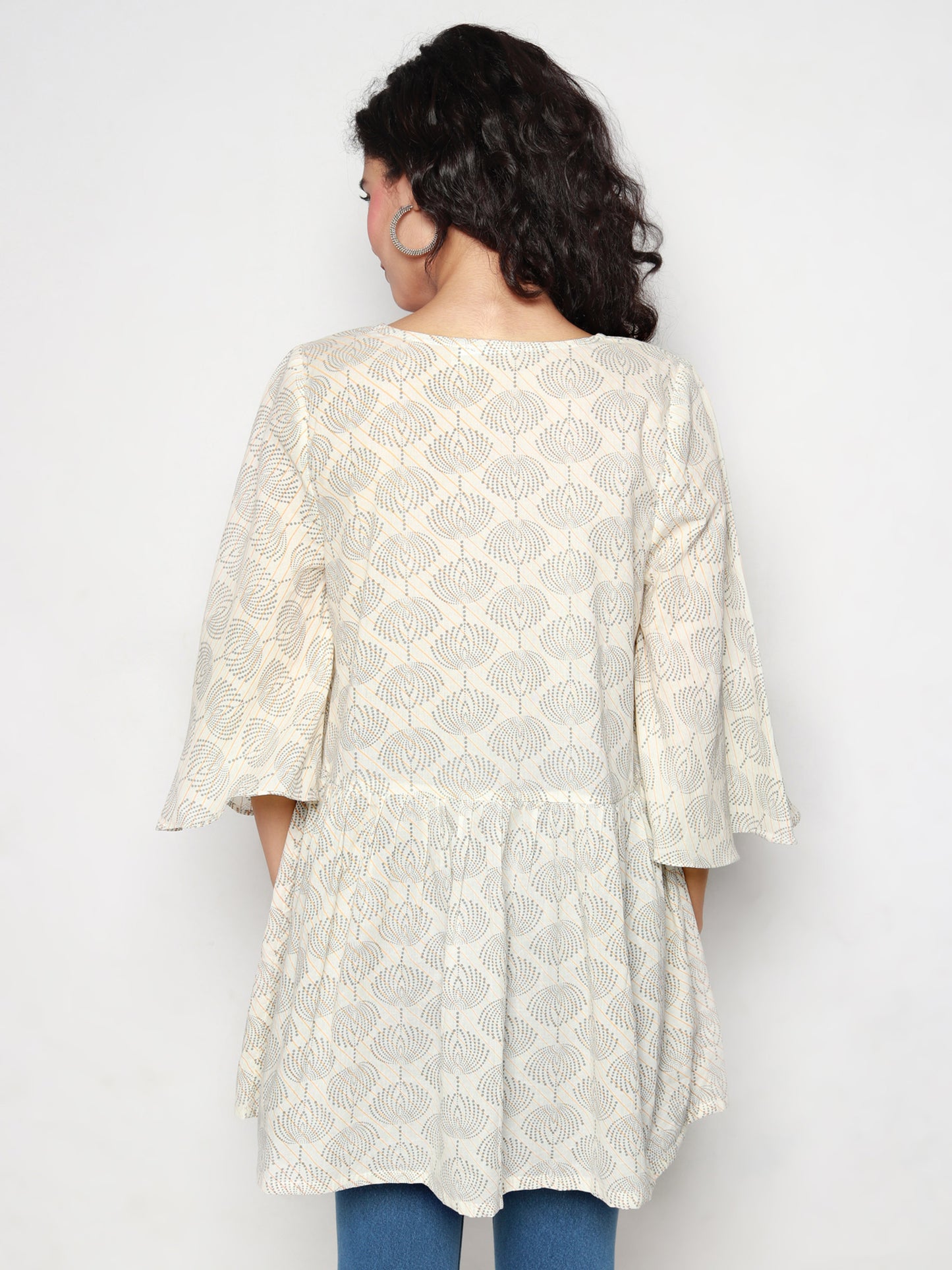Ivory Cotton Tunic with Beige & Grey Print
