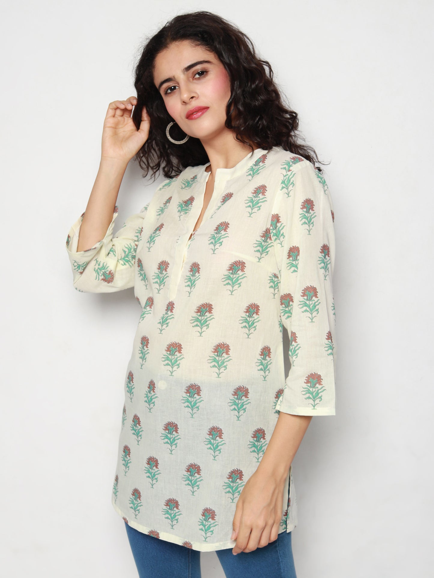 Ivory Cotton Tunic with Floral Block Prints