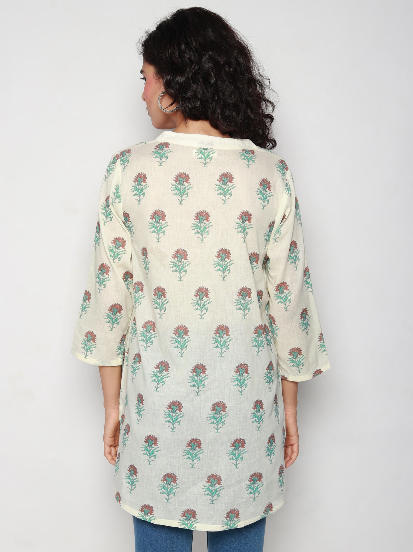 Ivory Cotton Tunic with Floral Block Prints
