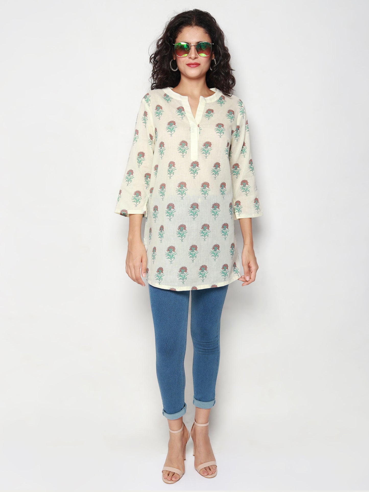 Ivory Cotton Tunic with Floral Block Prints