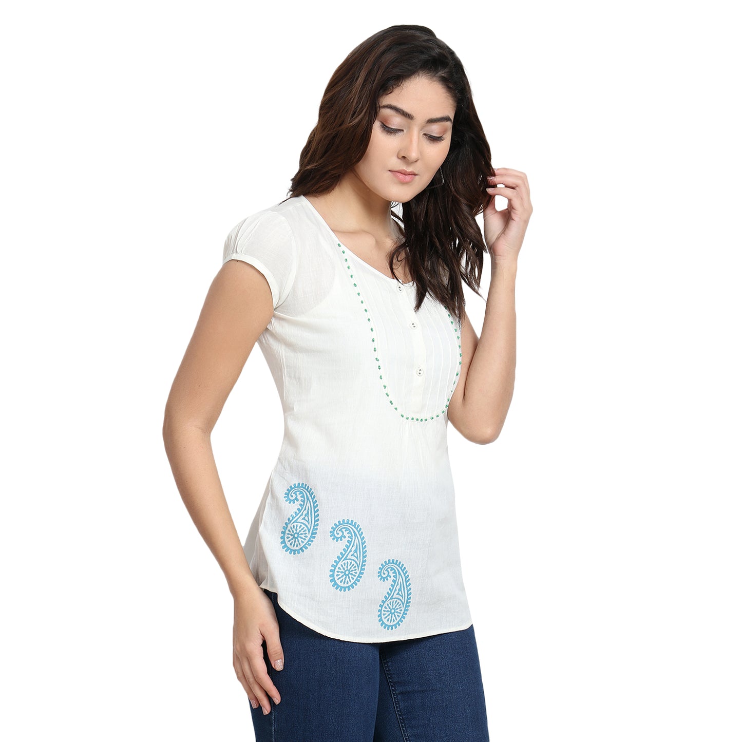 Ivory Cotton Top with Paisley Print