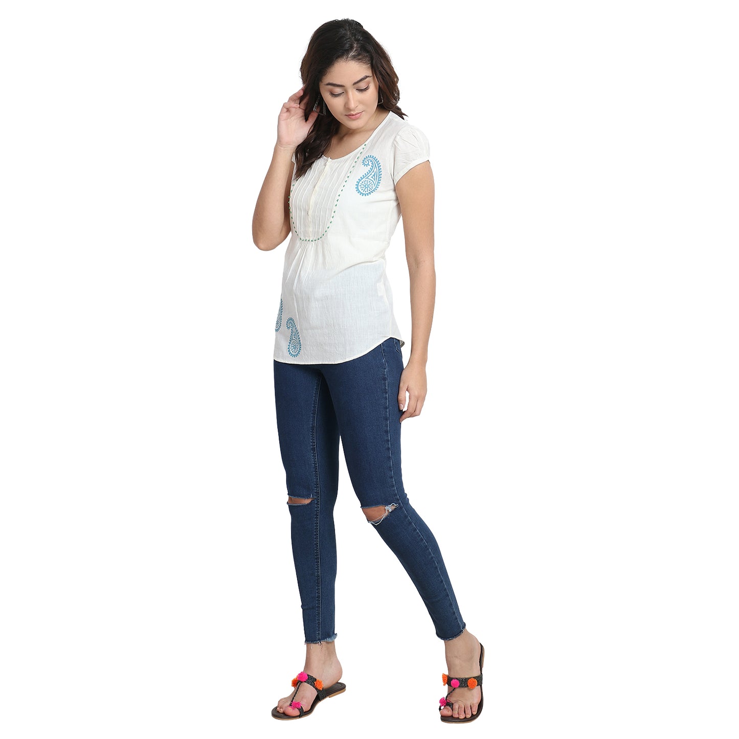 Ivory Cotton Top with Paisley Print