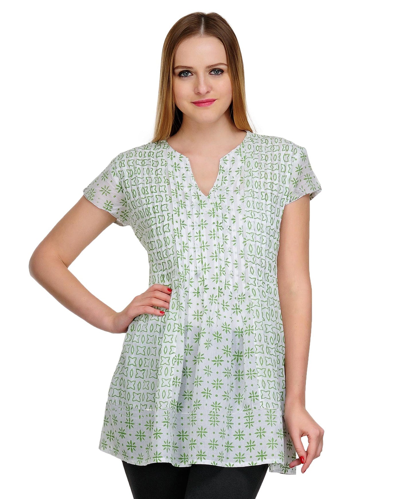 White Green Cotton Pleats Tunic
