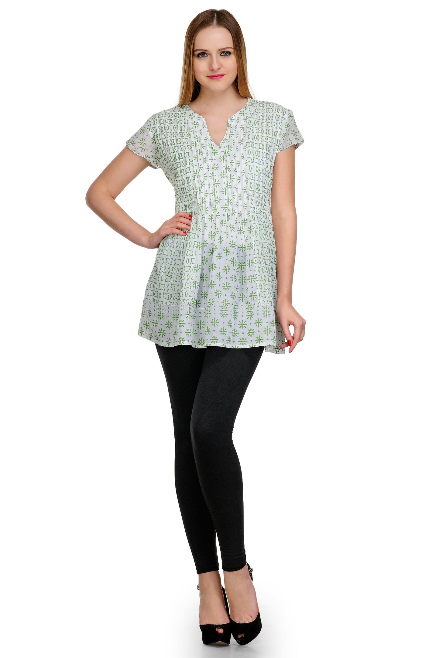 White Green Cotton Pleats Tunic