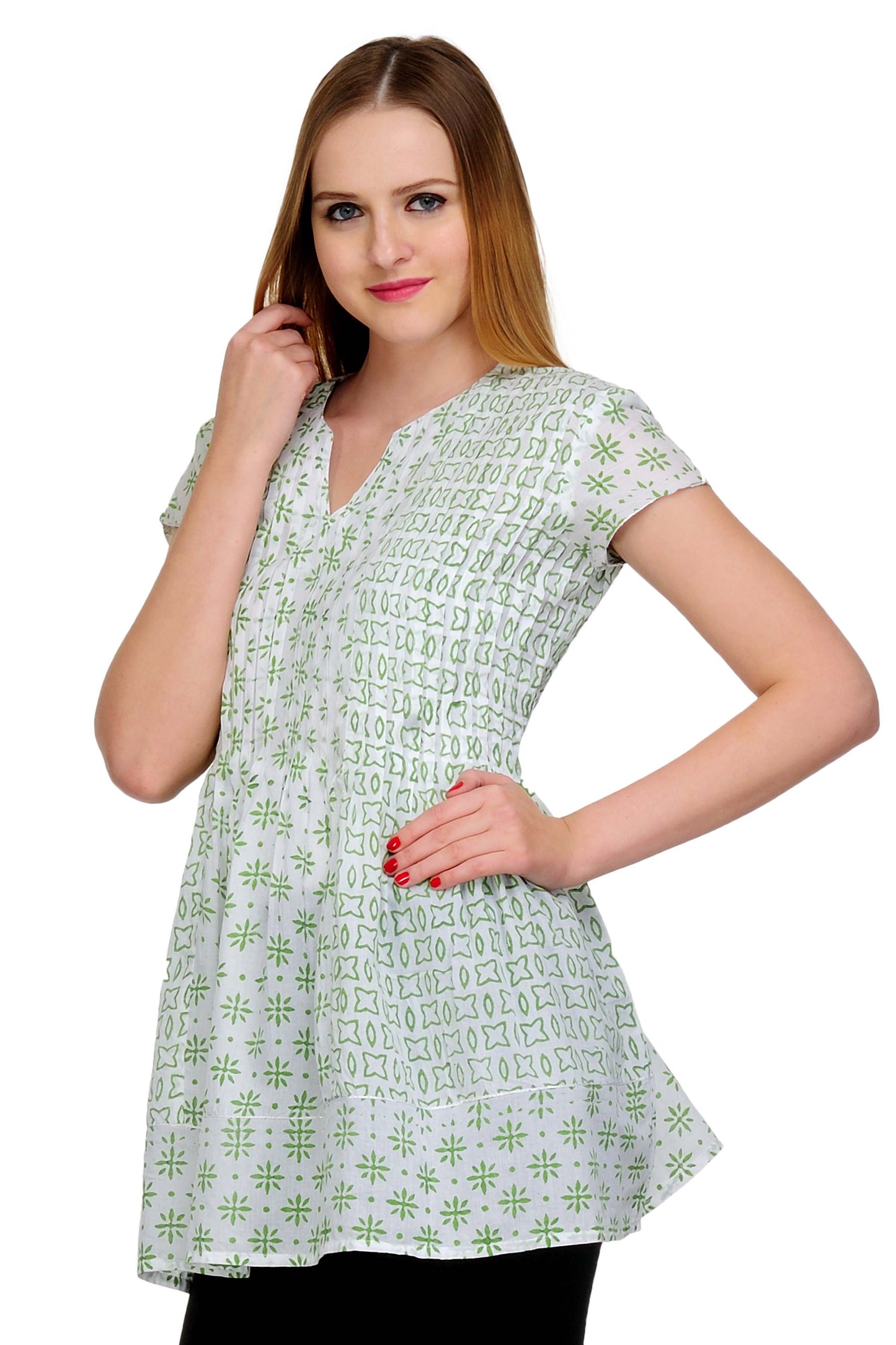 White Green Cotton Pleats Tunic