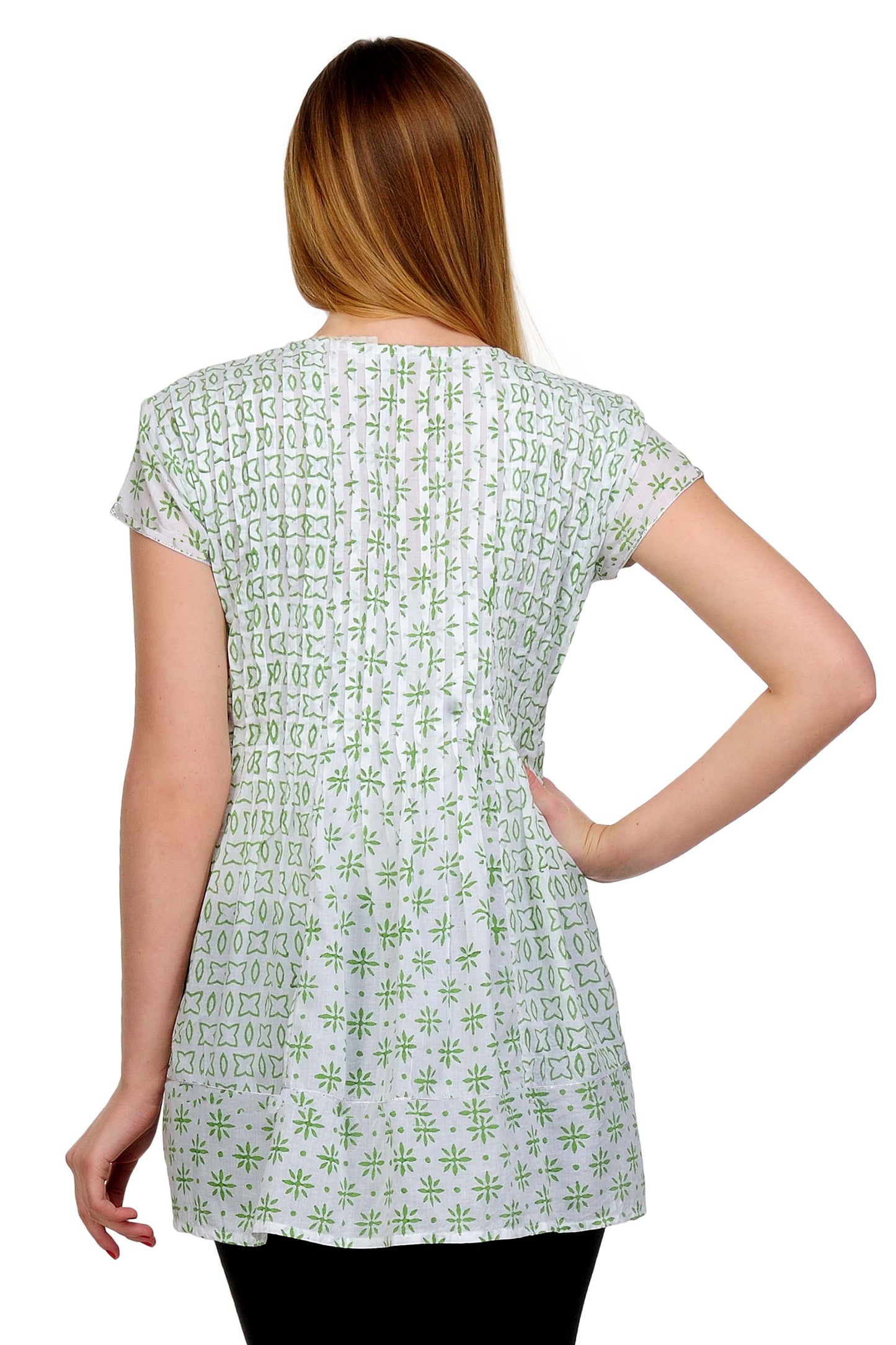 White Green Cotton Pleats Tunic