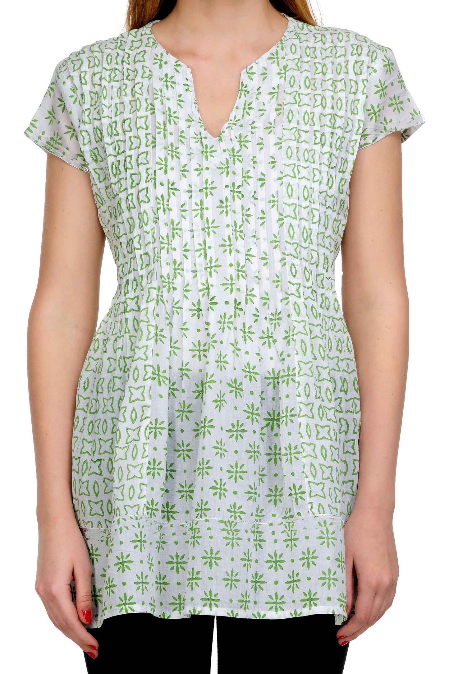 White Green Cotton Pleats Tunic