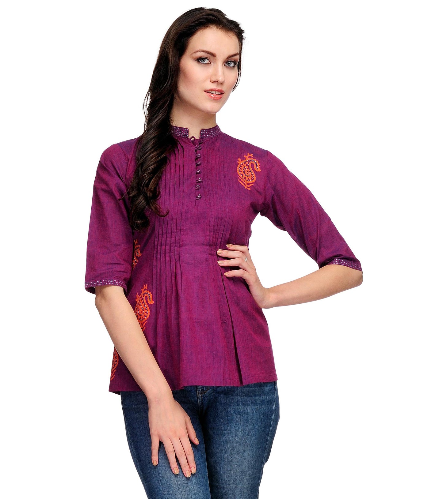 Purple Cotton Block print embroidered Tunic