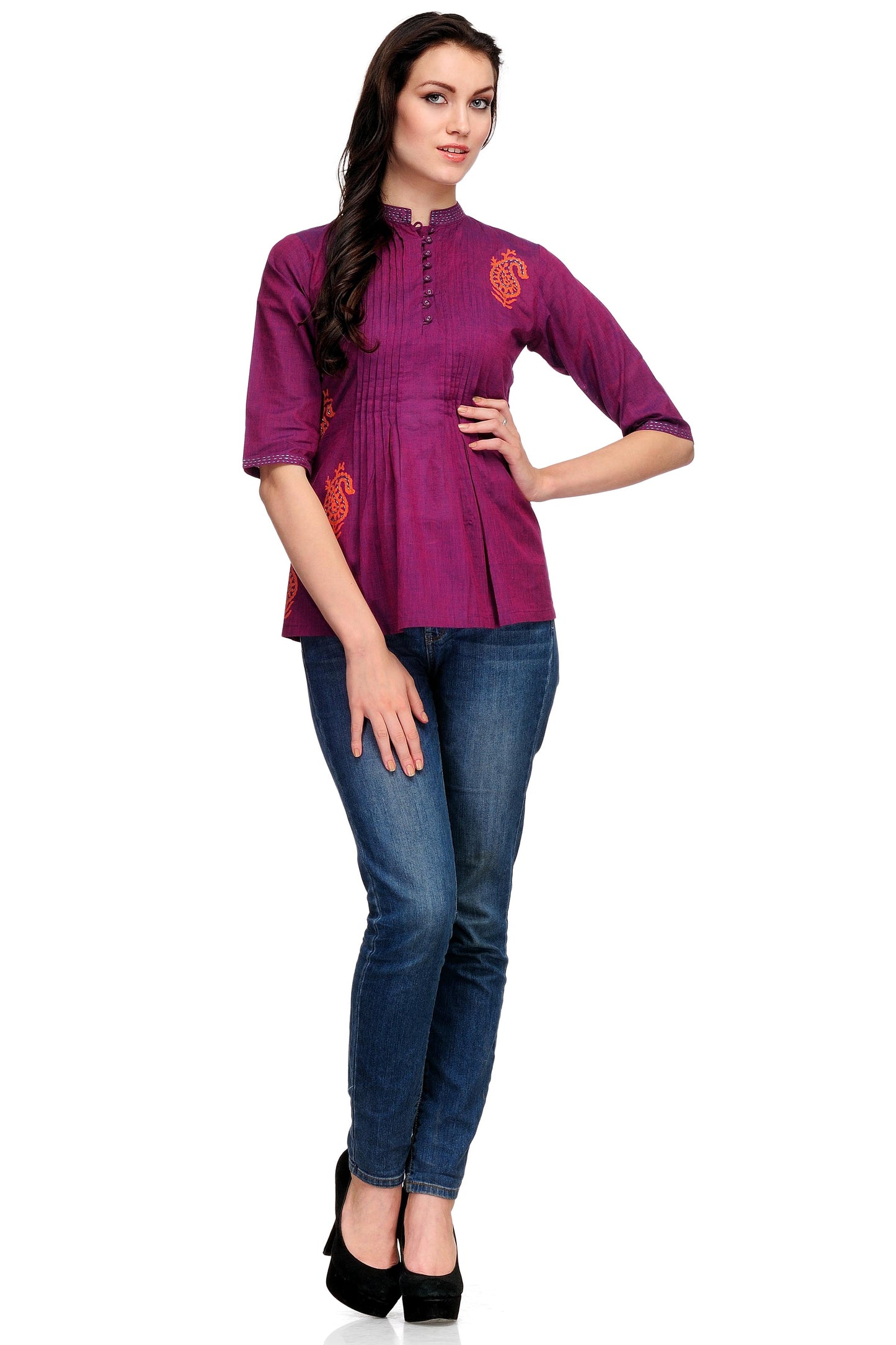 Purple Cotton Block print embroidered Tunic