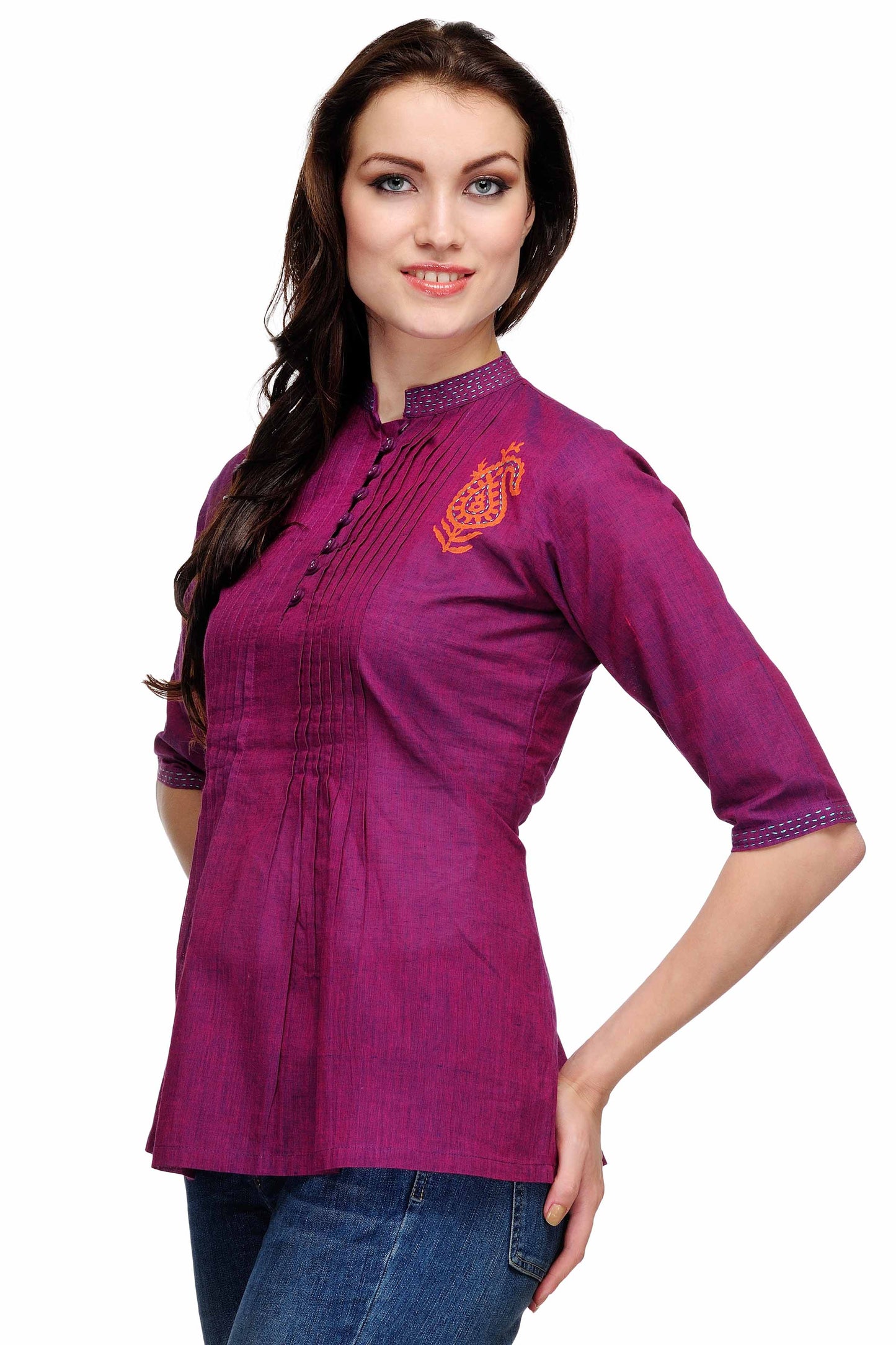 Purple Cotton Block print embroidered Tunic