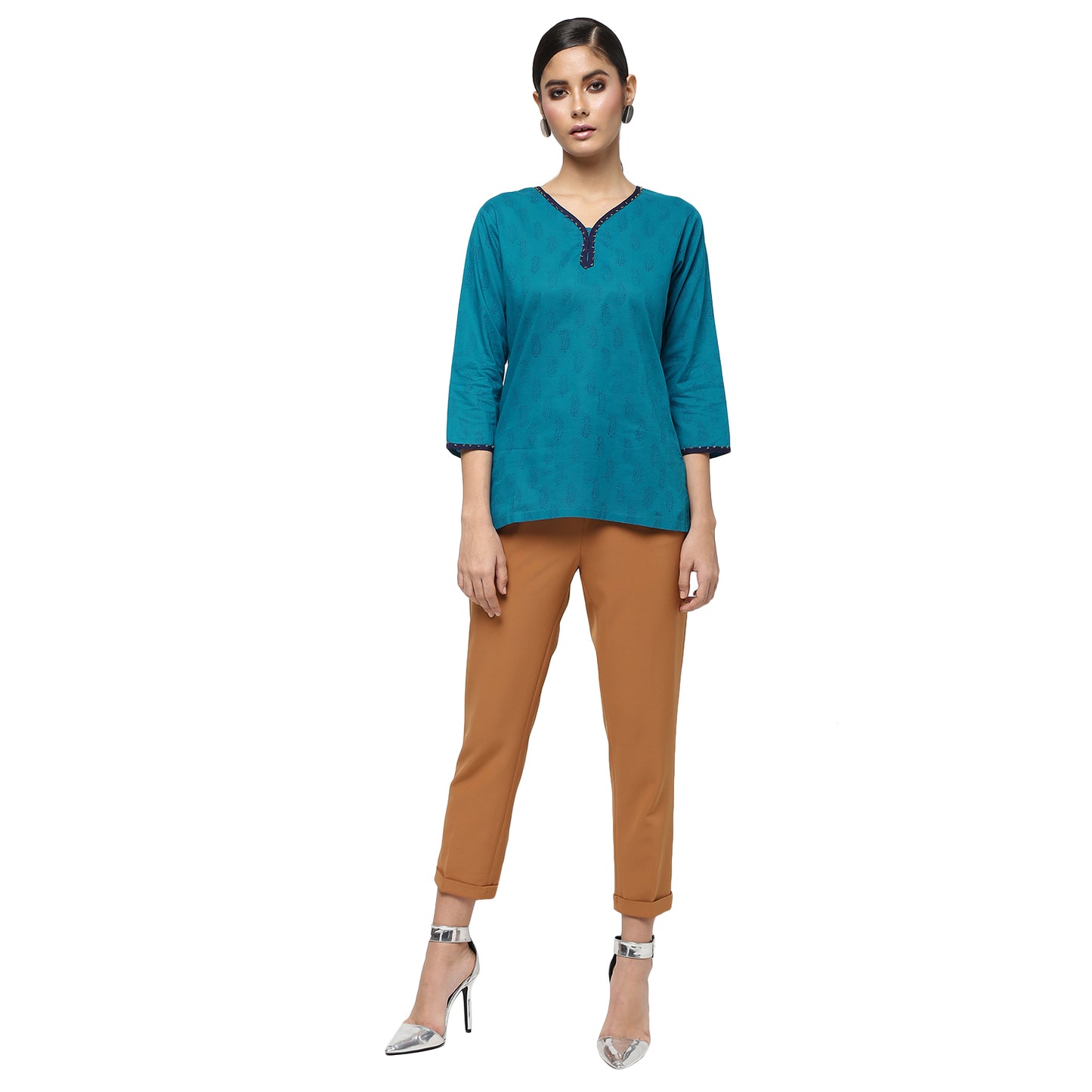 Teal Blue Cotton Hand Block Printed Top