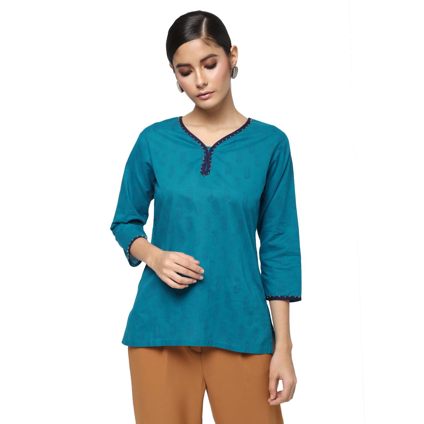 Teal Blue Cotton Hand Block Printed Top
