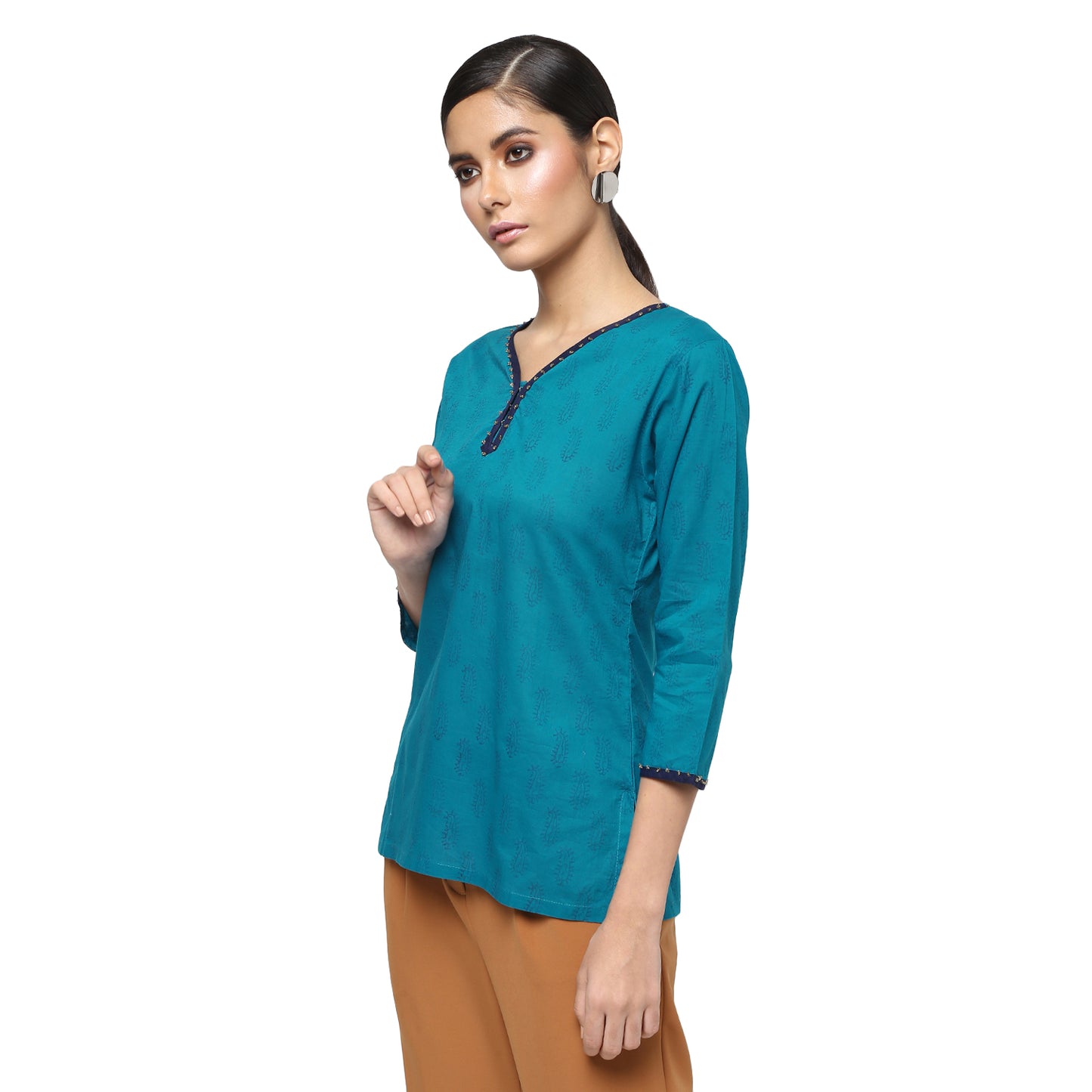 Teal Blue Cotton Hand Block Printed Top