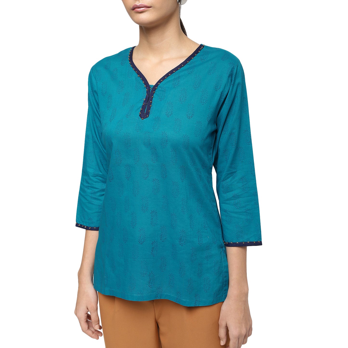 Teal Blue Cotton Hand Block Printed Top