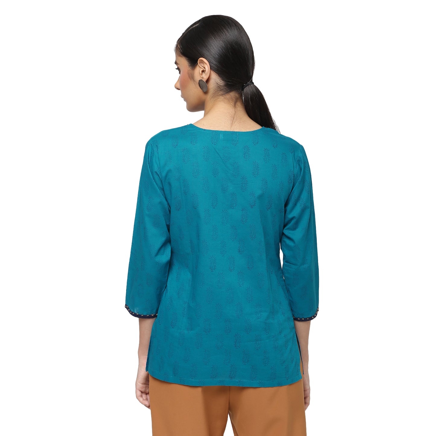 Teal Blue Cotton Hand Block Printed Top