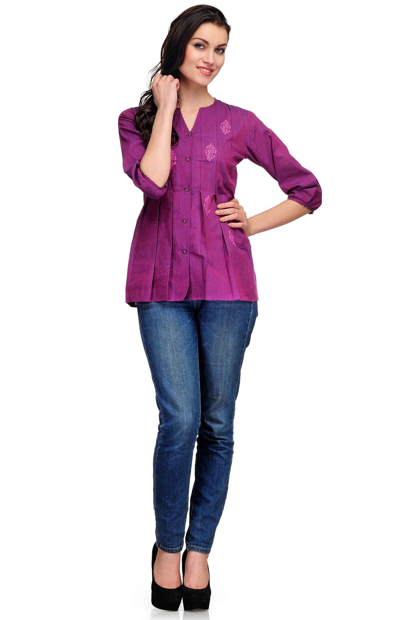 Purple Pleats Block Printed Cotton Top