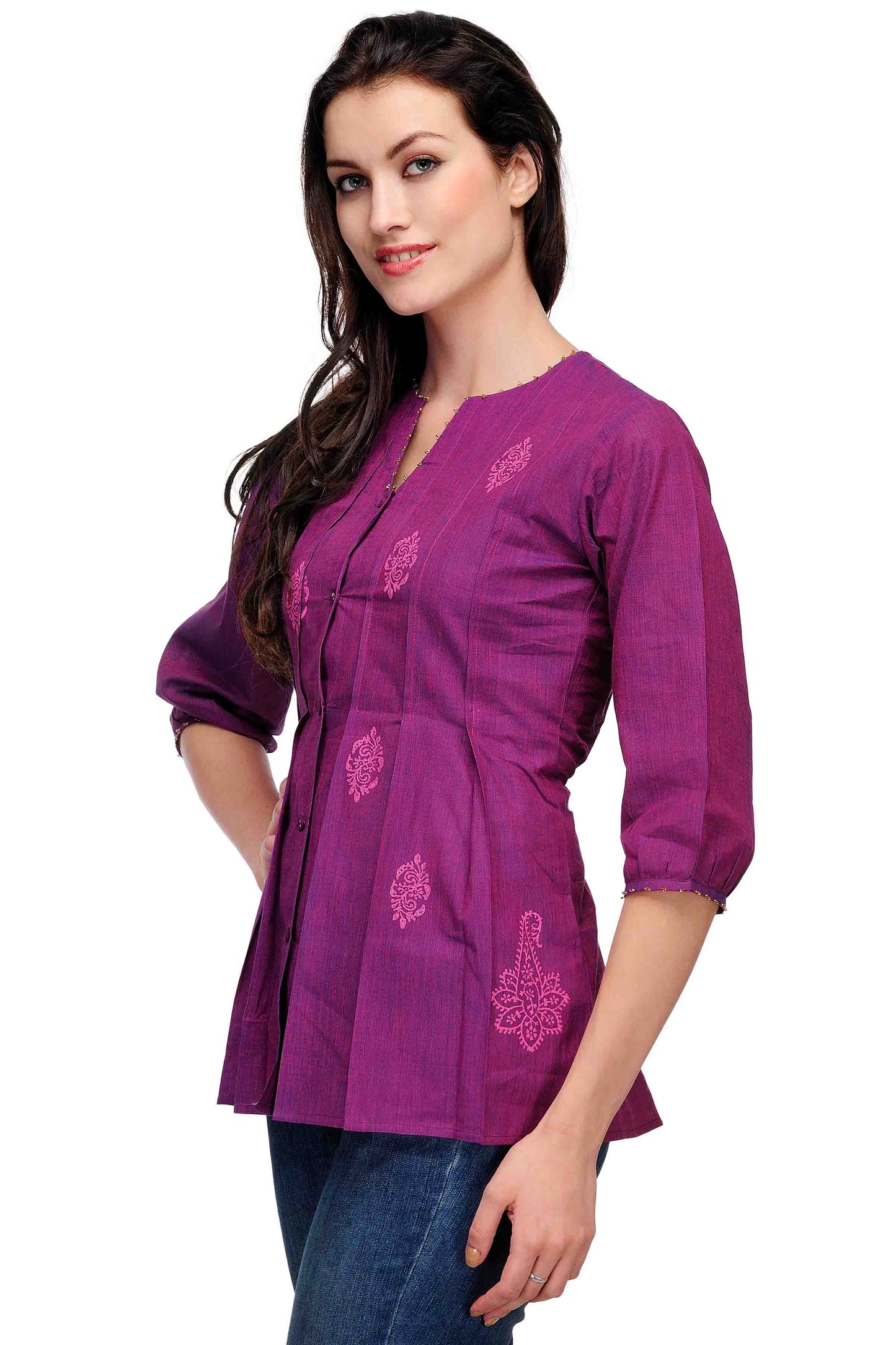 Purple Pleats Block Printed Cotton Top