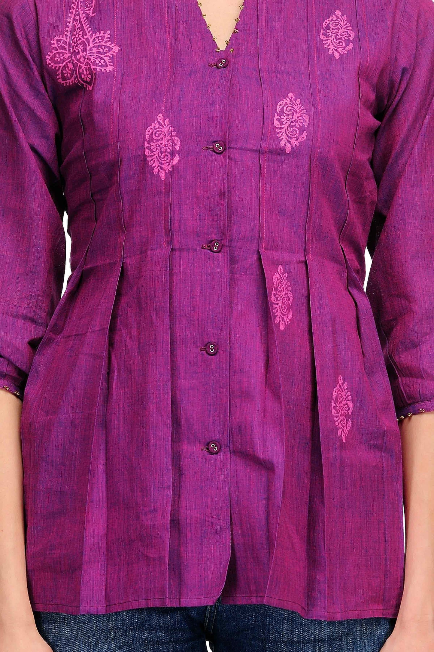 Purple Pleats Block Printed Cotton Top