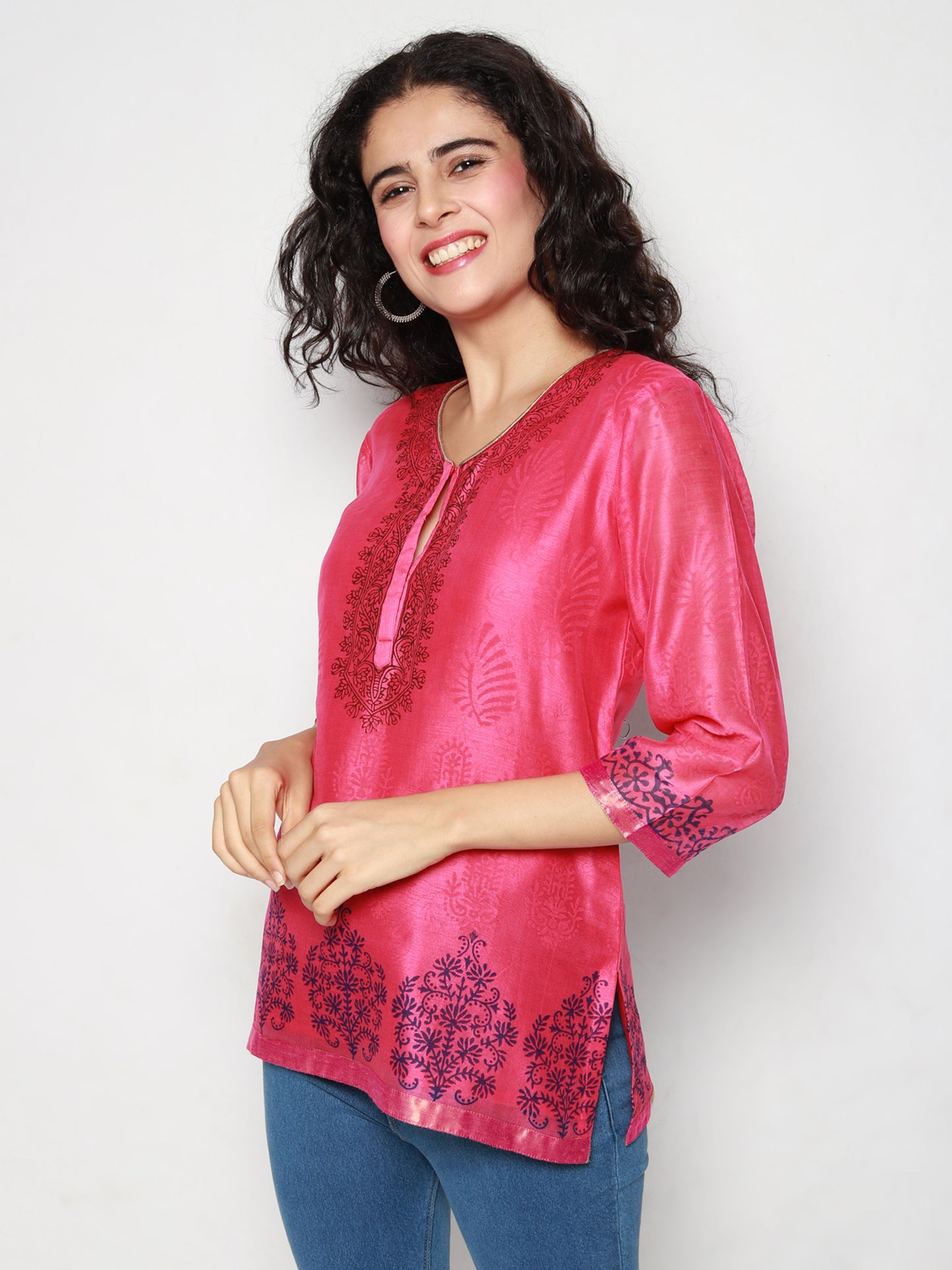 Pink Chanderi Block Print Kurti